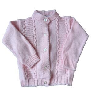 Vintage Baby Pink Knit Cardigan Sweater Blue Bird Infant Orlon 0-3 Months